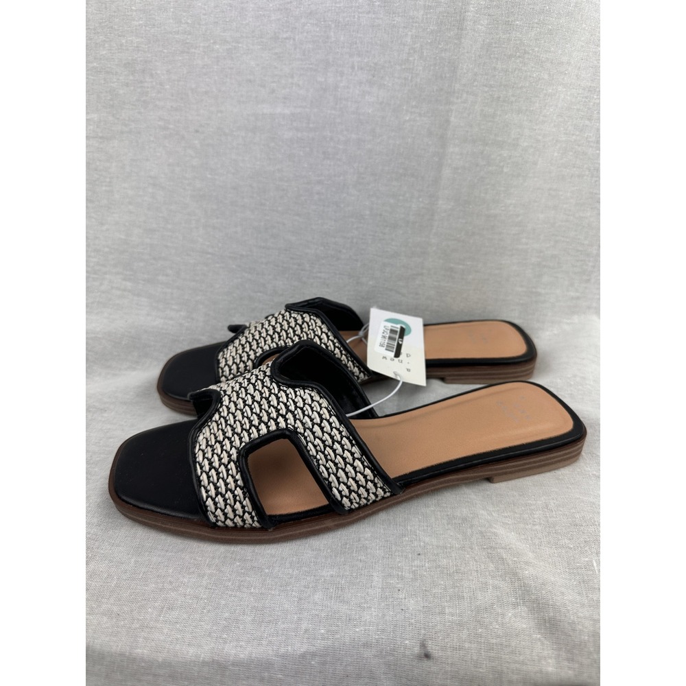 A New Day Womens Woven Slide Sandals Black White Raffia Style Square Toe 8.5